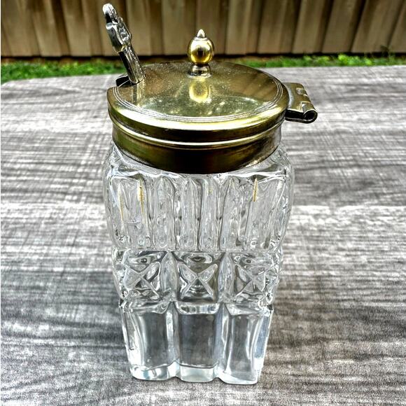 Crystal Condiment Jar Salt Cellar Mustard Pot Silver Plate Hinged Lid and Spoon - Picture 1 of 8